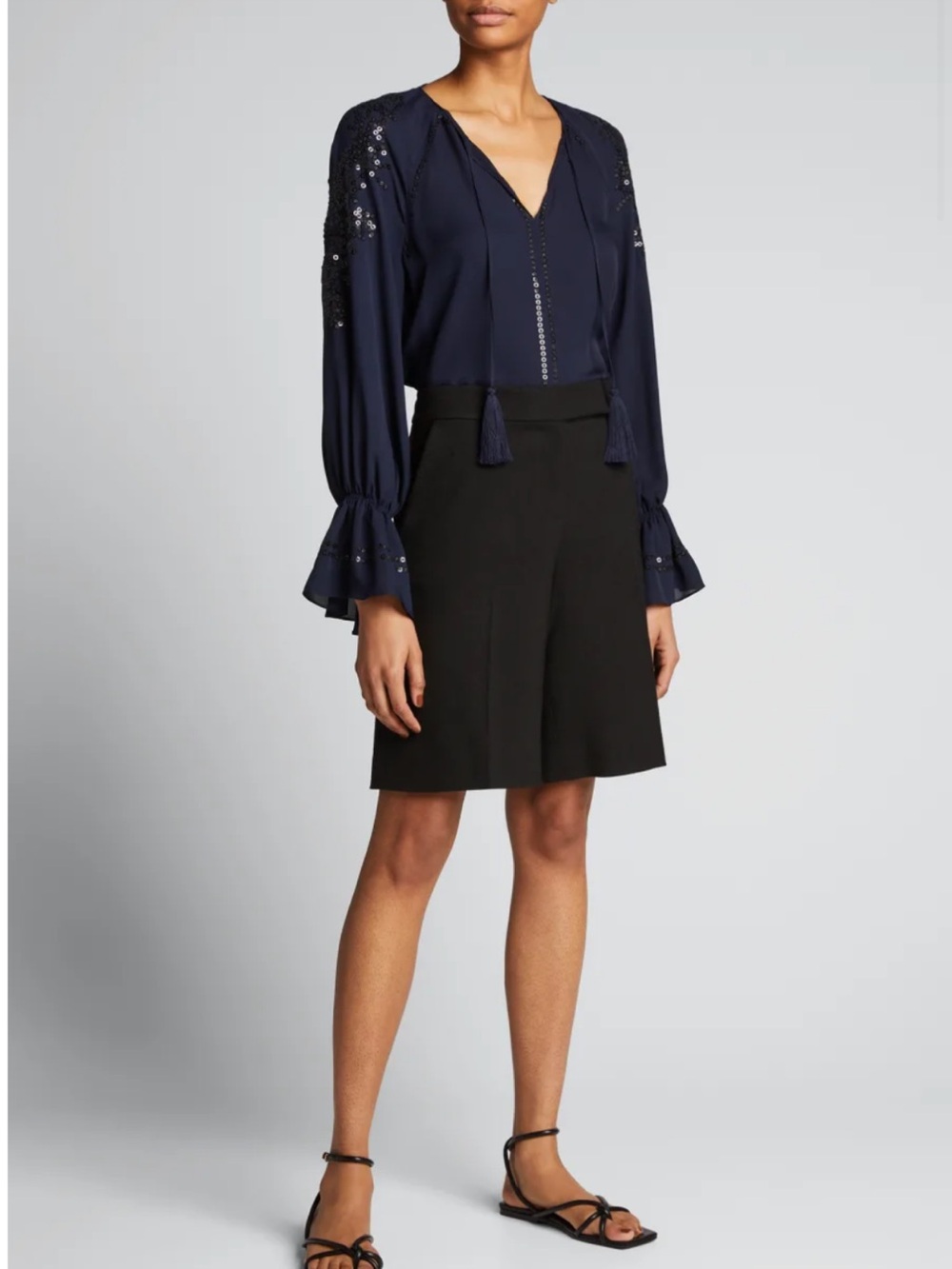 KOBI HALPERIN SARAH SEQUIN LONG SLEEVE 100% SILK NAVY BLOUSE SIZE XS